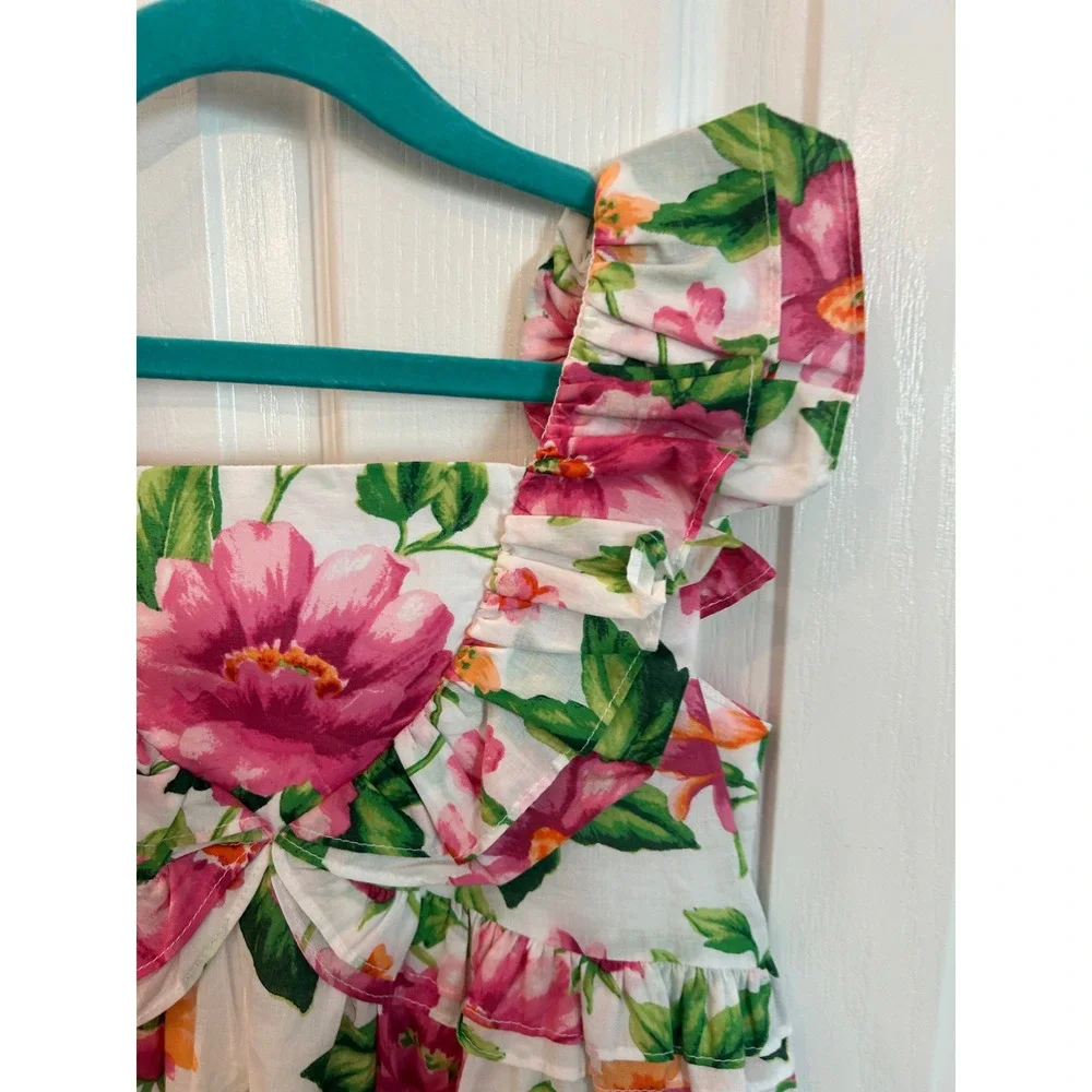 Janie and Jack Floral Dress White Pink Ruffle Tiered Button Back Summer Sundress